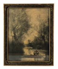 Antique Framed John Drescher Print Corot Deux Bateliers en Riviere