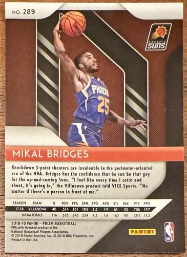 2018-19 Panini Prizm Mikal Bridges Rookie RC #289 | Villanova Suns Nets Knicks - Picture 2 of 2
