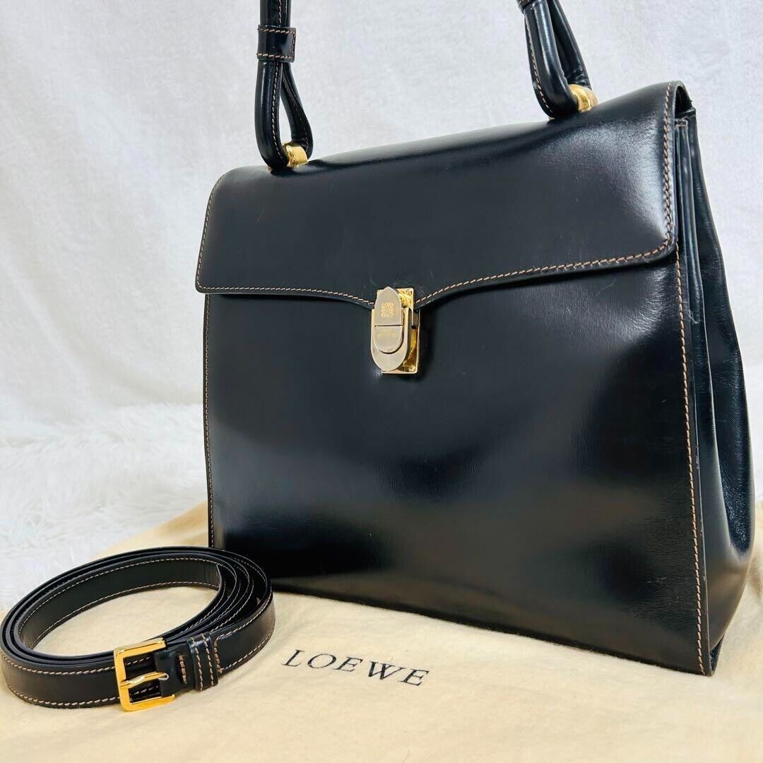 Vintage Loewe Leather Top Handle Handbag Shoulder Bag Black Vintage Loewe Leather Top Handle Handbag Shoulder Bag Black