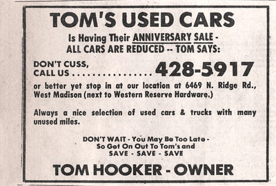 Tom Hooker Used Cars Anniversary Sale West Madison Ohio Vtg Newspaper Print Ad