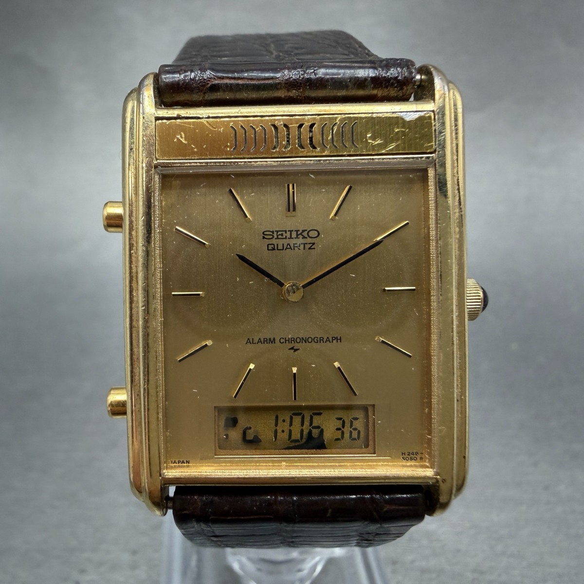 Seiko Analog Digital Tank Watch Men 27mm Champagne Dial Gold Tone