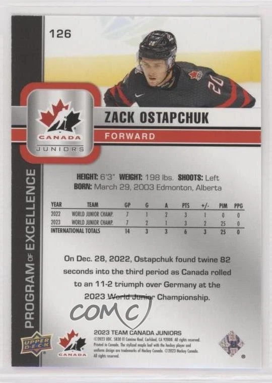 2023 Team Canada Juniors Program of Excellence Exclusives /100 Zack Ostapchuk - Image 2 of 2