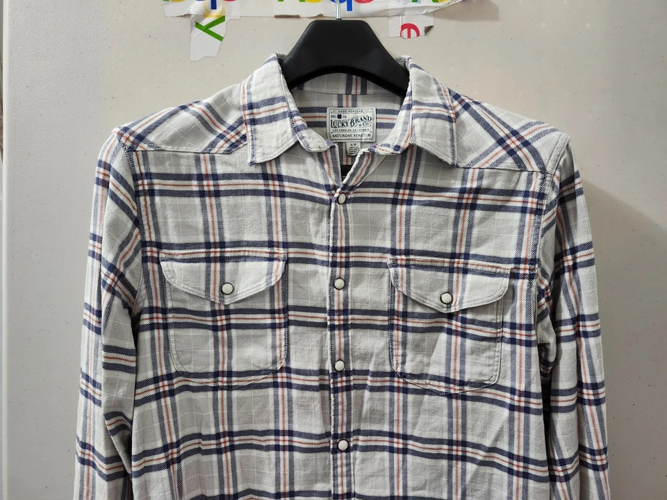 Camisa masculina Lucky Brand S cinza flanela pérola encaixe xadrez sábado stretch faroeste - Imagem 4 de 4
