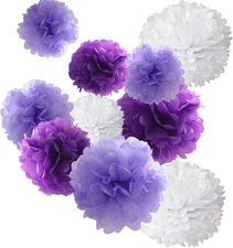 18-Piece Premium Tissue Paper Pom-Poms for Weddings & Parties - Purple & White