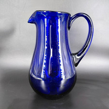Hand-Blown Cobalt Blue Glass Footed Pitcher with Applied Handle — listing 3