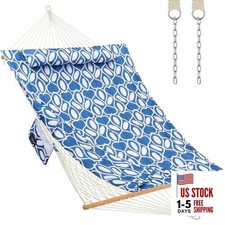 Outdoor Double Hammock with Hardwood Spreader Bars, Large Rope Blue Printing