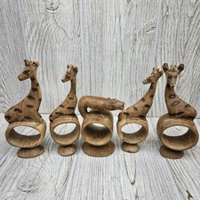 Vintage Hand Carved Wood Napkin Rings Set 5 G...