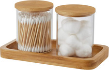 INIUNIK Glass Qtip Holder with Vanity Tray, Apothecary Jars Bathroom Accessories