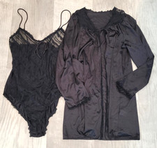 Vintage Sweet Dreams by Maidenform Black Lace Teddy Bodysuit  Sheer Robe Set S