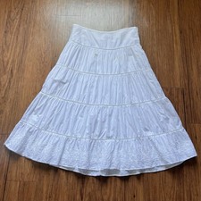 Vintage Y2K Tiered Midi Skirt 8 White Flare Layered Boho Cottage Fairycore FLAWS