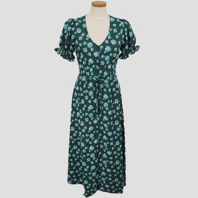 Outerknown Small Kira Floral Puff Sleeve Tie Waist V Neck Maxi Dress Green Blue