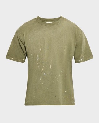 John Elliott Odeon Splatter Distressed Cotton T-Shirt Olive Green Size 4 XL