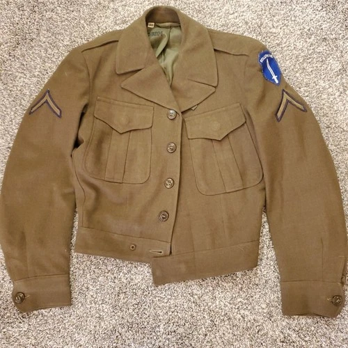 Vintage US Army Ike Jacket Mens 34R Wool World War 2 Military Patches 1940s WWII