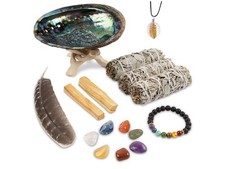 White Sage Smudge Kit with Shell, Palo Santo, Stones, Bracelet, Feather  More