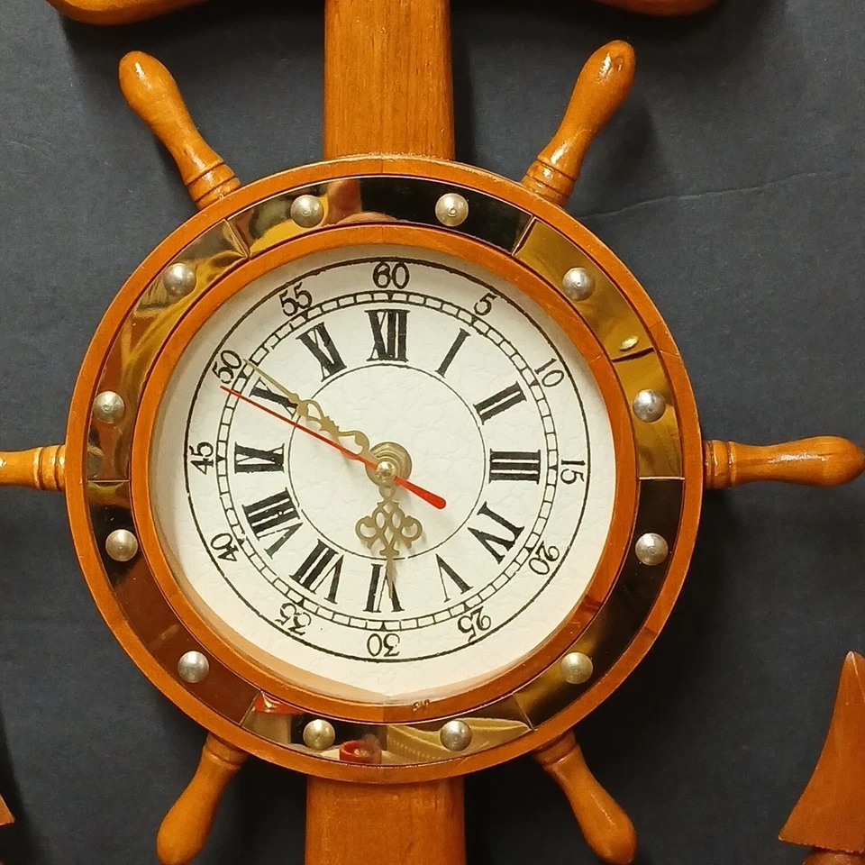 Reloj de Pared Vintage Grande Madera Ancla y Rueda Barco Tema Náutico Decoración del Hogar Foto 2 de 3
