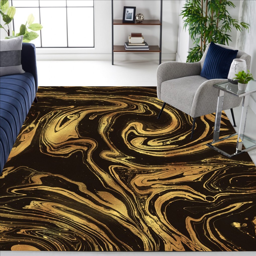 Black Gold Modern Abstract Marble Carpet Durable Luxe Art Deco Rug
