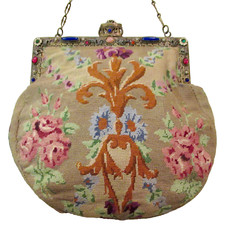 Vintage Antique Purse Jewelled Frame Petit Point Bag 1900s TARIFF FREE TO US