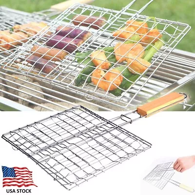 Stainless Steel Grill Basket Lockable Non Stick Folding Meat BBQ Fish Grilling