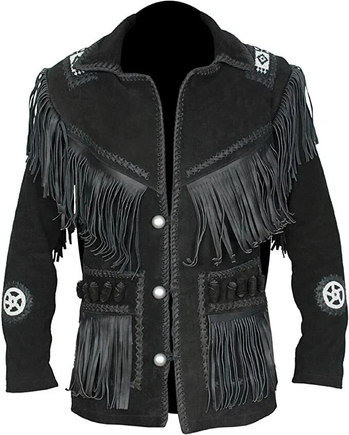 Men Native Western Cowboy Black Suede Leather jacket with Fringe & Beaded Work