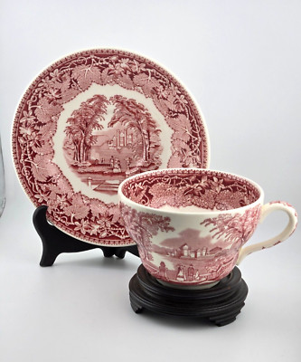 Masons Vista Oversized/Jumbo cup, saucer Red/Pink Transferware, England, Vintage