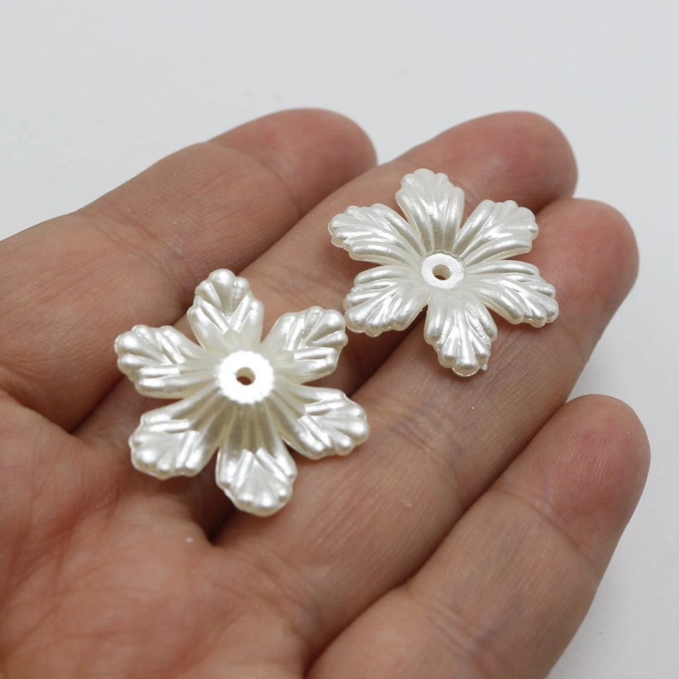 50 pcs Ivory Acrylic Pearl 6-Petals Flower Bead Caps 1.1" Center Hole Sewing - Image 4 of 4