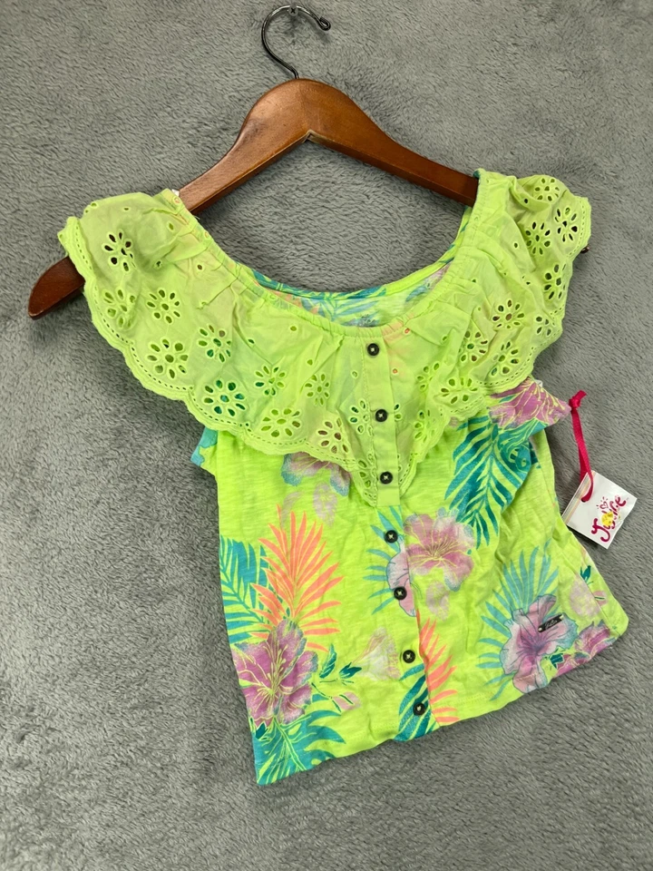 NWT Justice Small Top Small Girl 7/8 Hawaiian Green Floral Eyelet Collar Flutter - Image 2 of 4