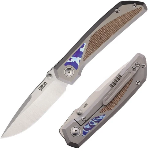 Pena Knives Folding Knife 3.25" M390 Steel Blade Titanium/Micarta/Mokuti Handle