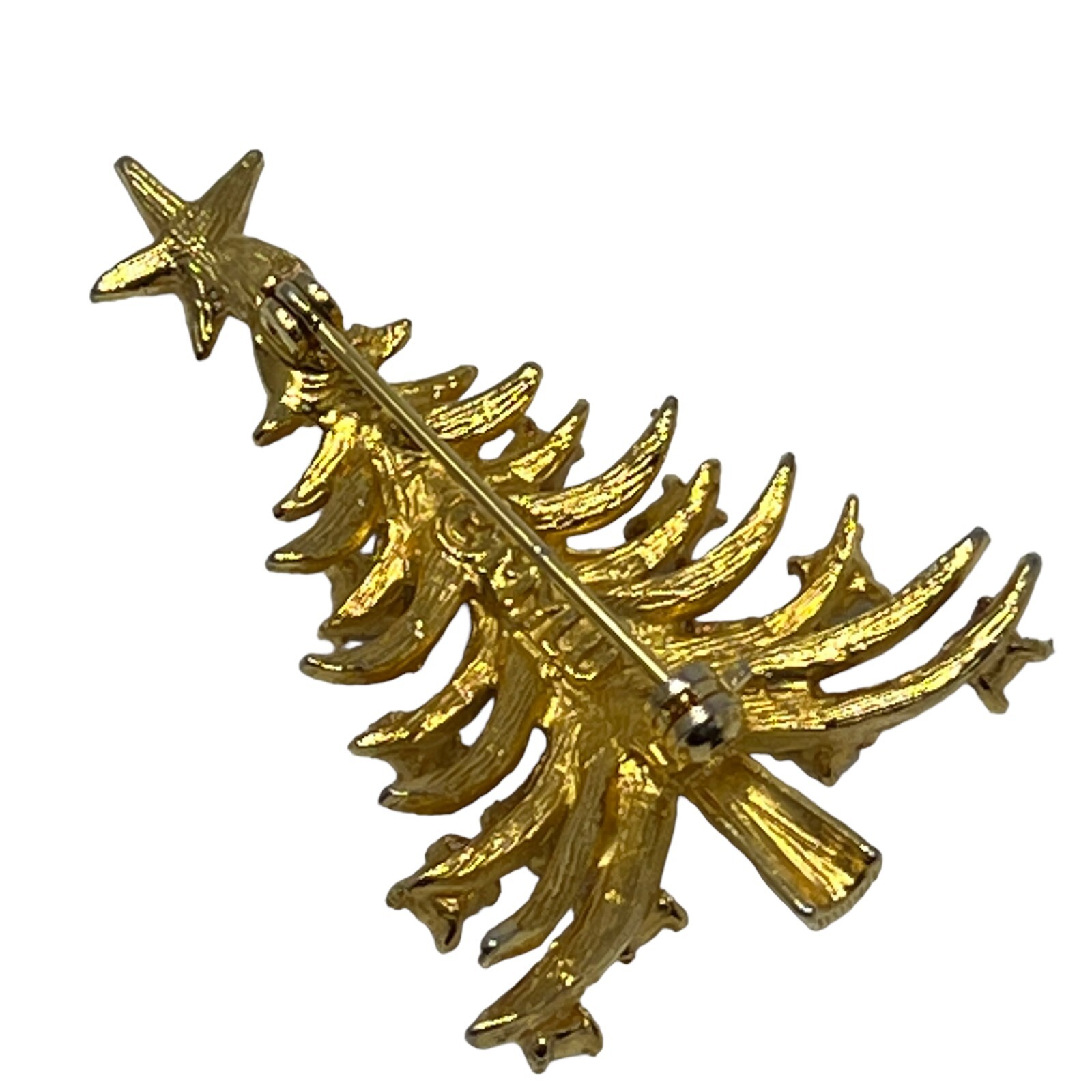 MYLU Christmas Tree Brooch Gold Tone AB Rhinestones Faux Pearls Book