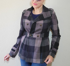 Juniors Plaid Peacoat Jacket Medium Coat Black Pink Check Button Hydraulic