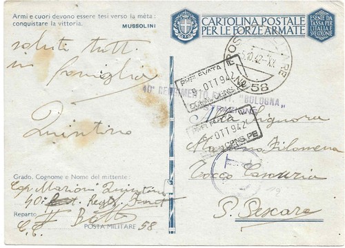 MILITÄRPOST NR. 58 -40 ° INFANTERIE "BOLOGNA" 2. BATAILLON C. C. x ANGELN-ZENSUR