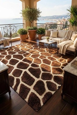 Modern Giraffe Print Wool Rug Brown Pebble Geometric Hand Tufted Area Room Carpe