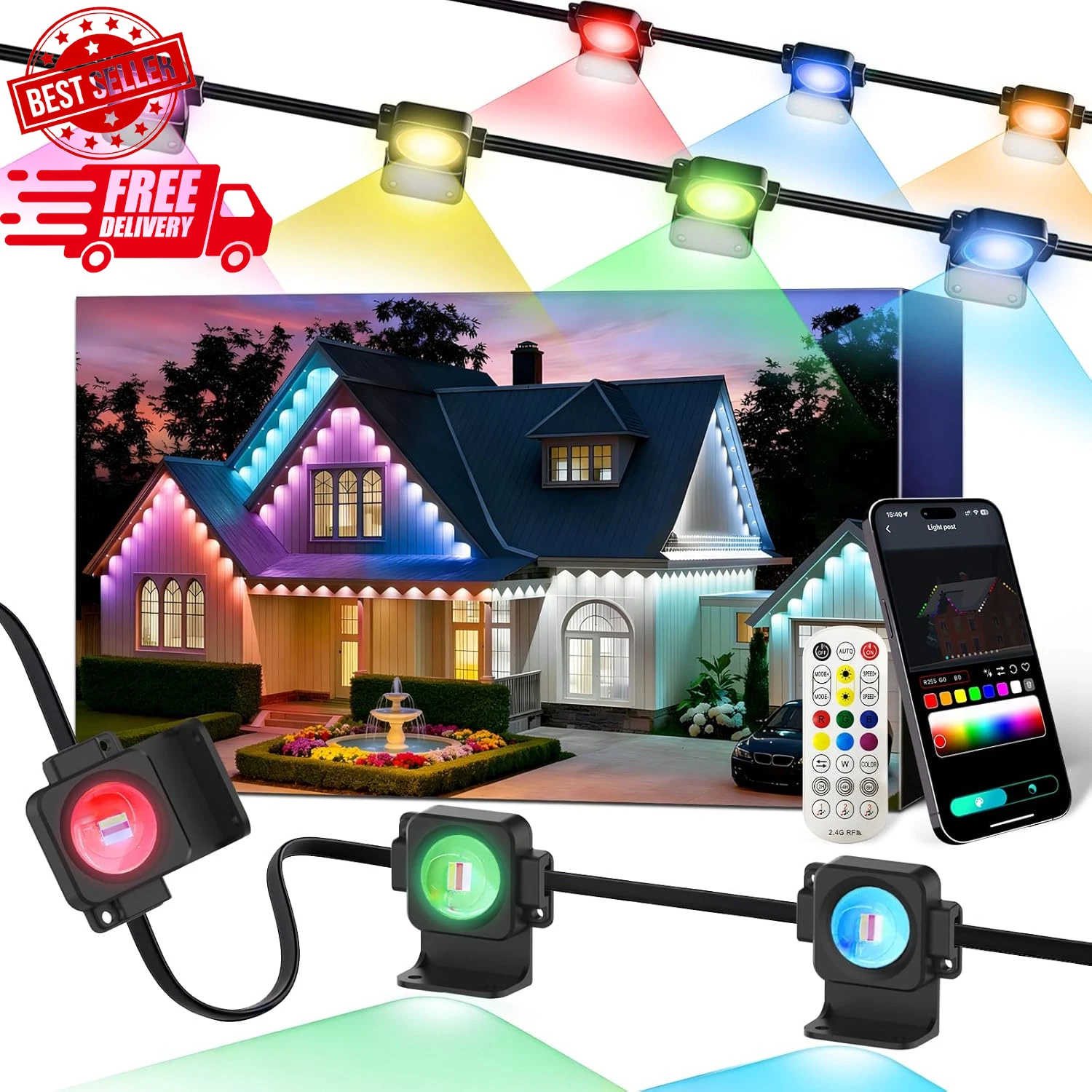 Super RGB Permanent Outdoor Lights 50Ft 30LEDs, Smart RGB-IC Year Round Eave ...