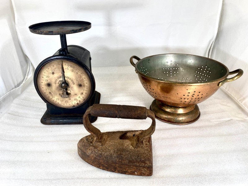 Vintage Brass Faced Scale & Copper/ Brass Colander & Cast iron Sad Iron
