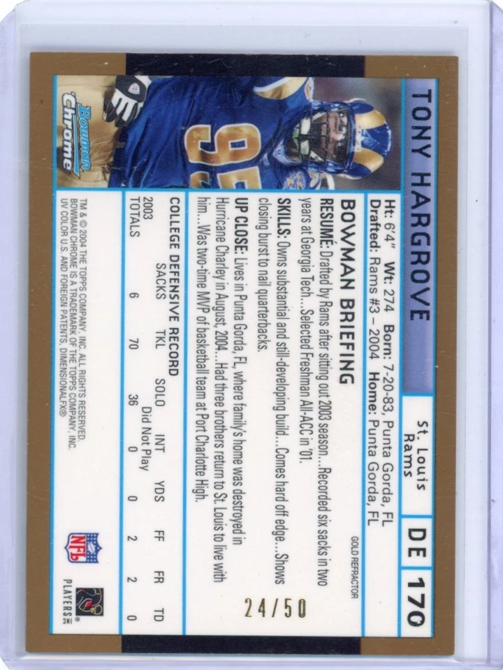 Tony Hargrove 2004 Bowman Chrome Gold Refractor /50 #170 Rookie RC - Image 2 of 2