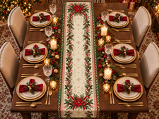 Christmas Table Runner 14x72 Poinsettia Pine Garland Holiday Dining Table Decor