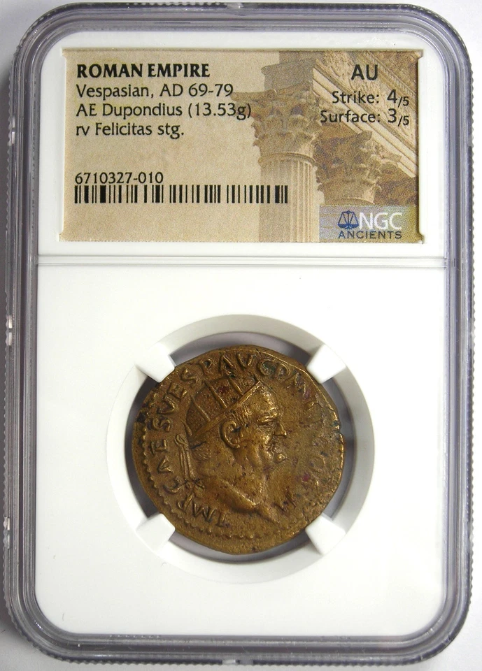 Vespasian AE Dupondius Roman Copper Coin 69-79 AD - Certified AU - Rare! - Image 2 of 4
