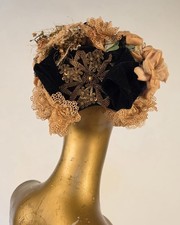 VICTORIAN 1880 S VELVET LACE FRILL BONNET W GOLD BULLION DETAILED CENTER