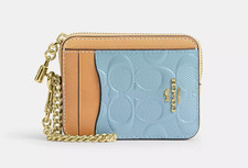 Coach Light Blue Signature Patent Leather With Charm Zip Card Case CFA36 NWT