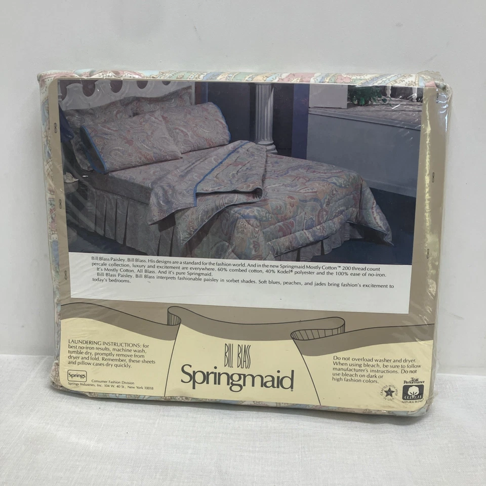 Vintage Bill Blass Springmaid Paisley Blue Twin Fitted SHEET 39”x76” 200 Thread - Image 4 of 4