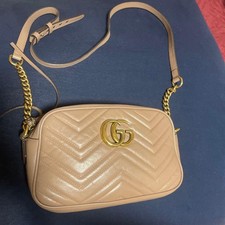 GUCCI GG Marmont Shoulder Bag Pink Beige Leather Quilted Chain Crossbody from JP