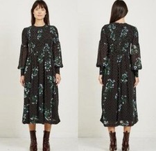 GANNI Rommety Floral Polka Dot Midi Dress Black Green White US 4 S