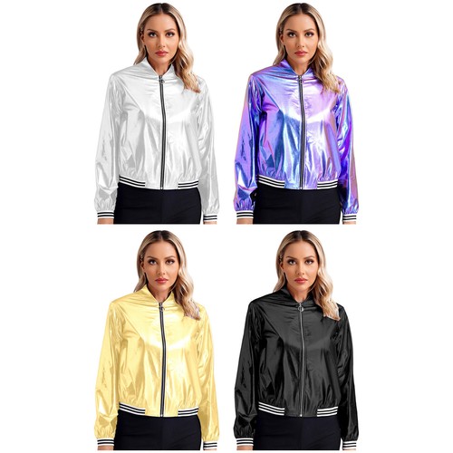 Women Metallic Jacket Long Sleeve Front Zip Sparkle Shiny Party Bomber Jacket - Picture 3 of 52