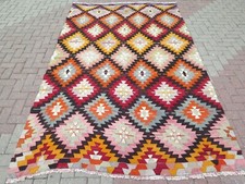 Vintage Turkish Kilim Wool Rug, Floor Carpet Large Handmade Kelim Tapis 73"X117"