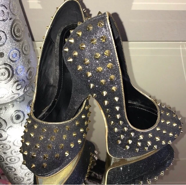 👠Shiekh Negro y Dorado Tacones 5” FABULOSOS 5” Brillo Pico Dorado Bombas Talla 6 Foto 2 de 4