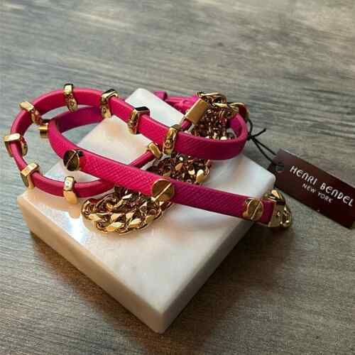 Henri Bendel Triple Wrap Pink Gold tone Leather Bracelet #A71 Chain NEW with tag - Picture 1 of 10