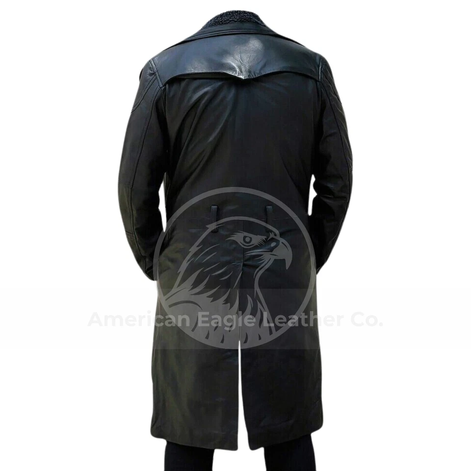 Gabardina de piel de oveja real de la RAF para hombre chaqueta de cuero negra con cinturón Foto 2 de 4