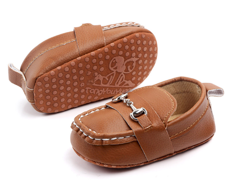 Baby Boys Brown Leather Baptism Wedding Easter Formal Loafer Soft Sole - Afbeelding 1 van 1