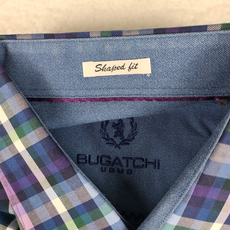 Bugatchi Uomo Shirt Mens XL Blue Purple Green Gray Plaid Dress Button Up - Image 4 of 4