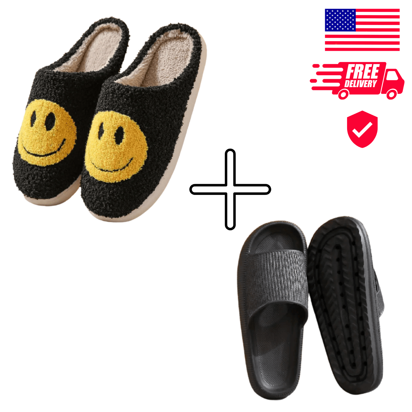 PANTOFOLA D’ORO Set 2 pantofole da donna Kawaii Smile Face Design + Slide morbide Eva Spesse Piattaforma