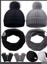Women's 8 Piece Winter Warm Set New Knitted Scarf Beanie Pompom Hat Gloves